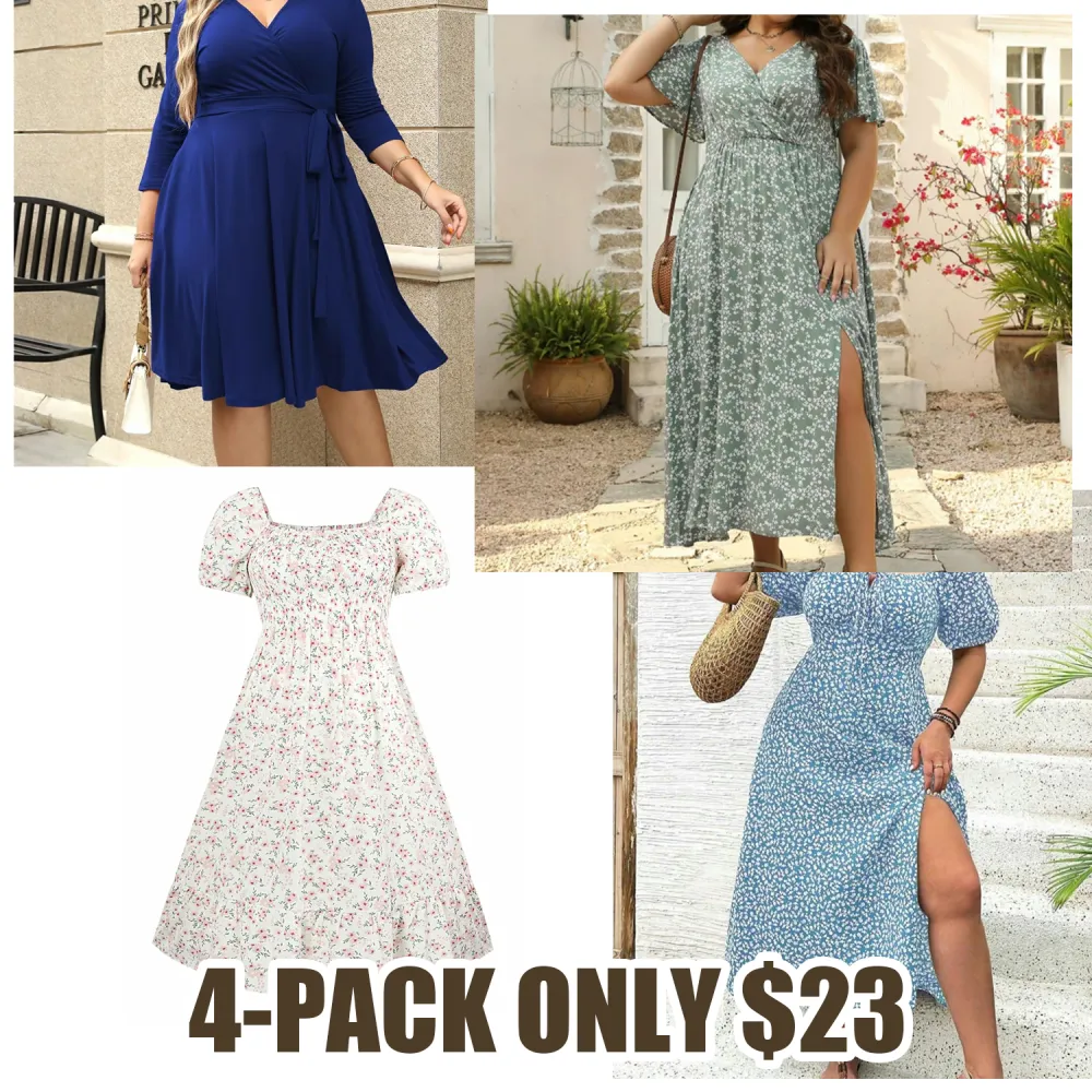 [Plus Size]4 Styles Summer Dresses – Floral Split Thigh, Puff Sleeve Tie Front, Wrap V Neck Belted, Square Neck Maxi