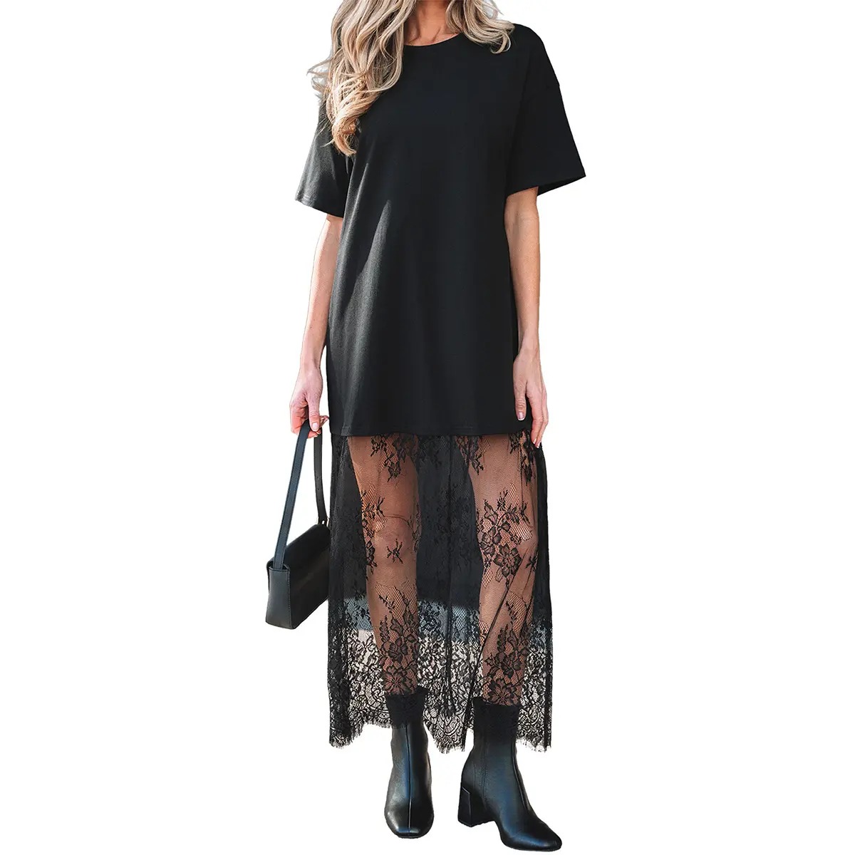 Women's Oversized T-Shirt Maxi Dress Sheer Lace Hem Drop Shoulder Short