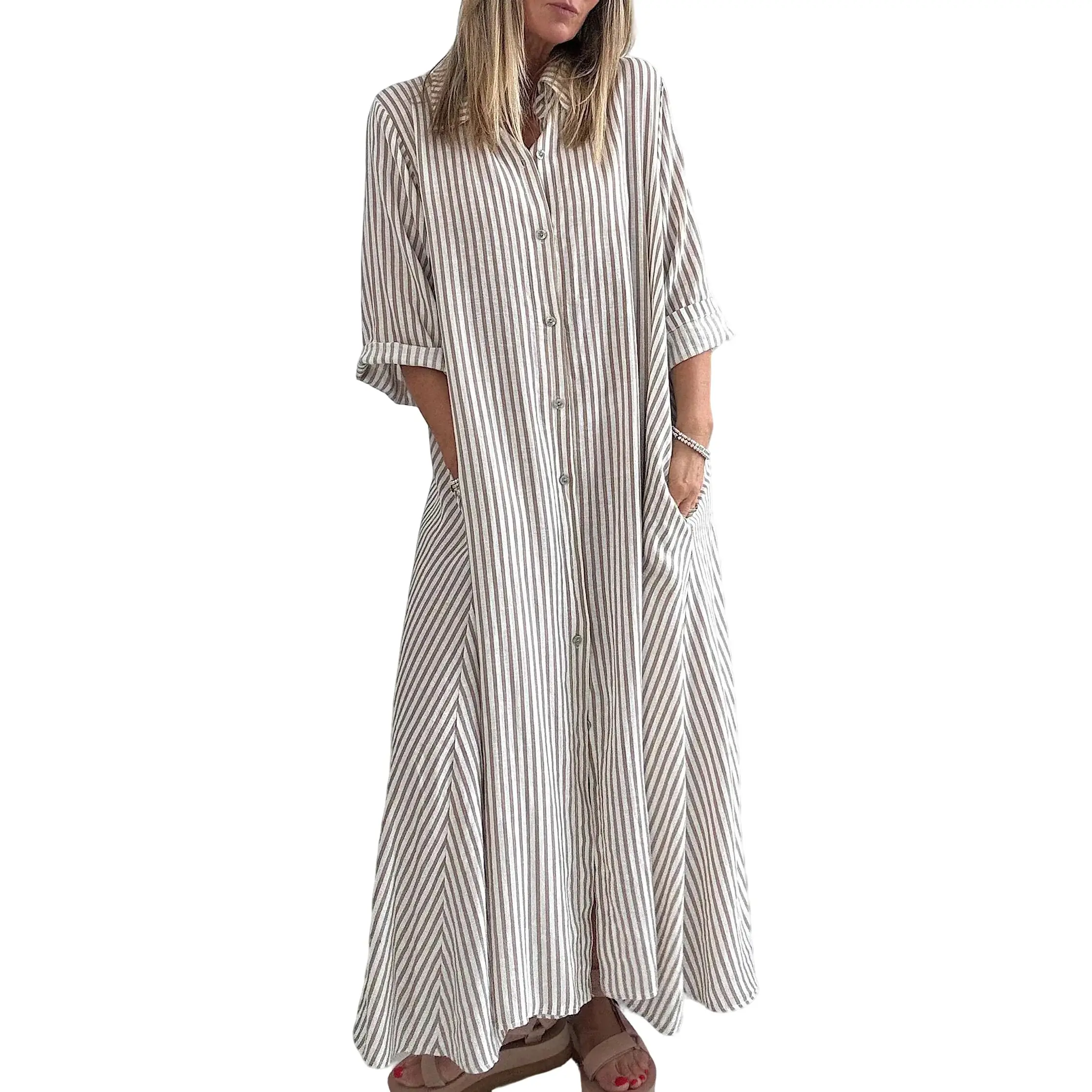 Chouyatou Women's Summer Long Shirt Dress Bohemian Style Striped Dress Casual Button-Down Three-Quarter Sleeve Maxi Dress with Pockets