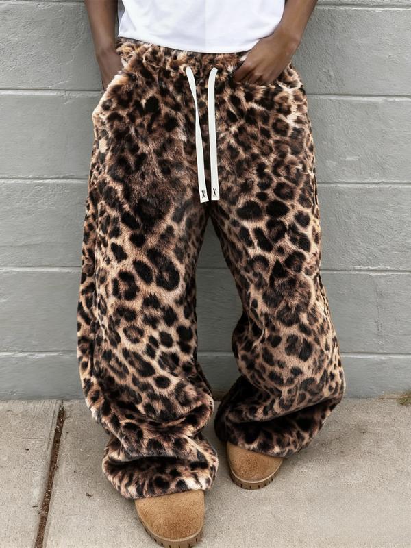 Unisex Leopard Print Fleece Pants, Soft Rabbit Fur Fabric, Fall Winter Warm Comfort, Street Hip Hop Style, Daily & Outdoor Wear