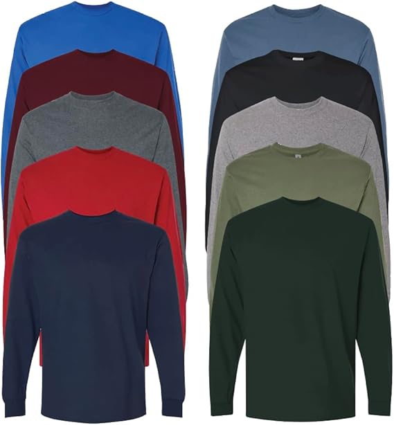 10 Pack: Men's 100% Cotton Crew Neck Long Sleeve Tee Casual Basic T-Shirt Sizes S-6XL Soft-Touch Fabric Ribbed Cuffs Tailored Fit PLUS SIZES