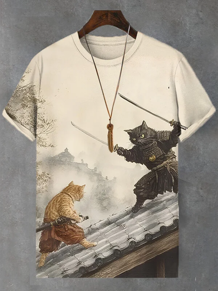 Men's Japanese Cat Swordsman Duel Art Print Comfortable T-shirt