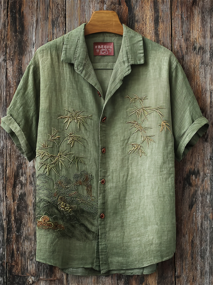 Japanese Bamboo Landscape Embroidered Linen Shirt