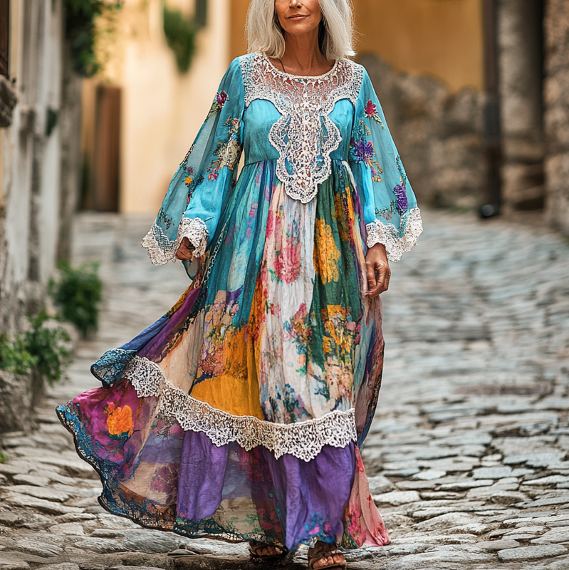 Vintage Loose Linen Patchwork Dress 97b4