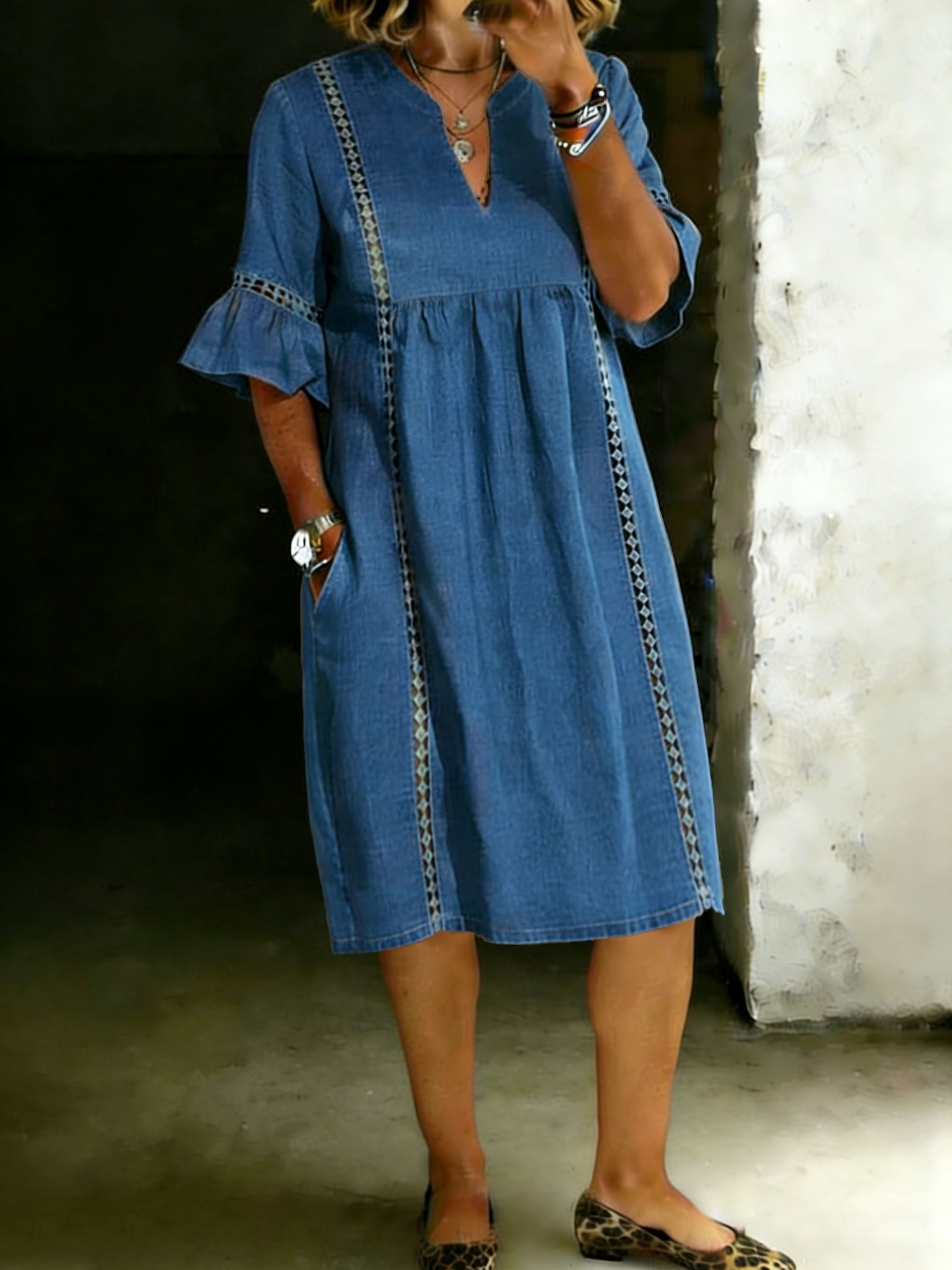 Women's Solid Color Shirt Denim Pocket Dress