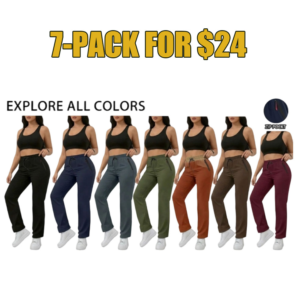 7-Pack Everyday Comfort Joggers – High-Waist Straight-Leg Pants with Zipper Pockets