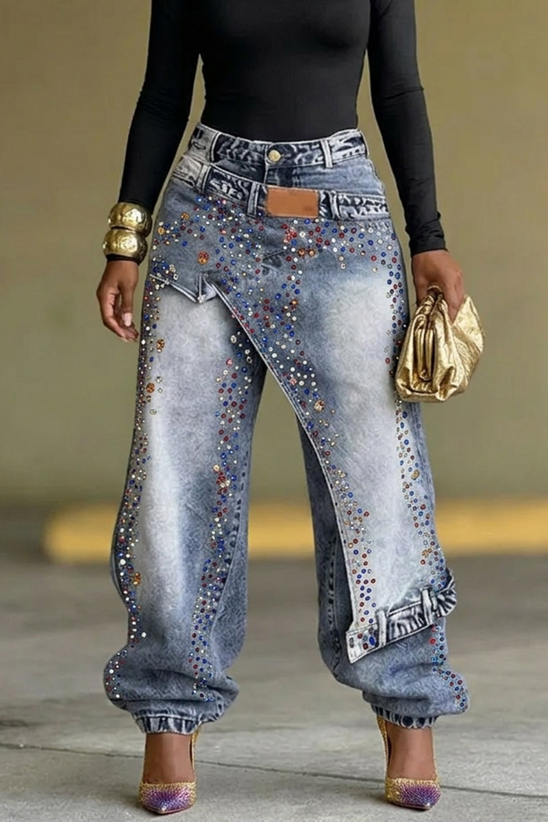 Women's Colored Gemstone Faux Two-Piece Loose Jeans