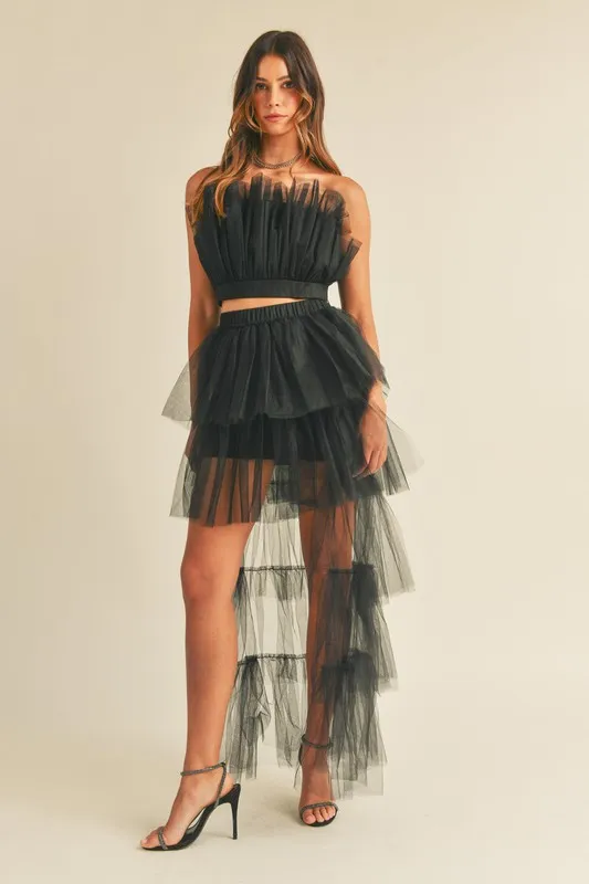 Tulle Tube Ruffle Crop Top and High Low Maxi Skirt Set