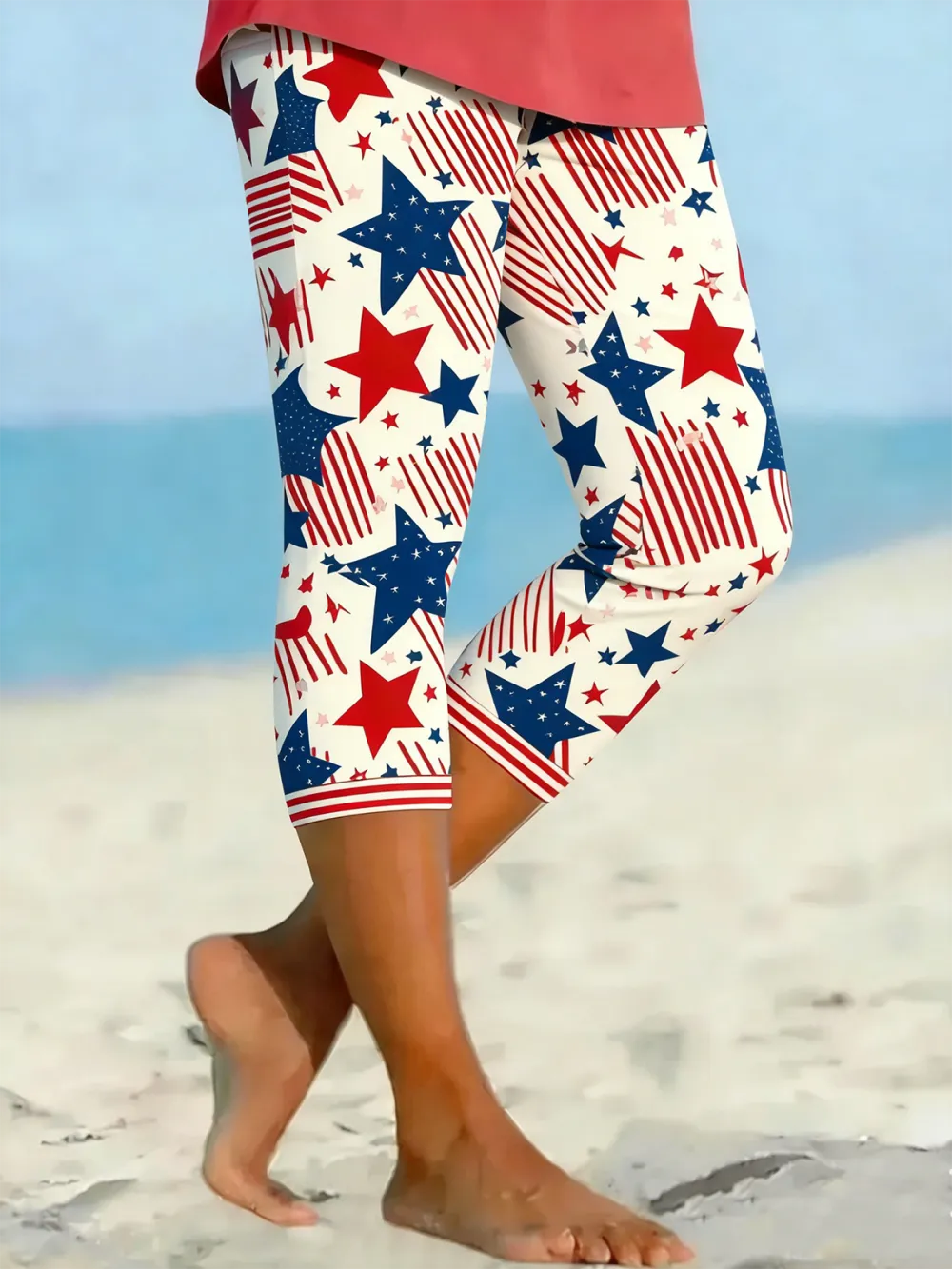 Women Striped Capris Elastic Waist Pants Casual Summer Trousers