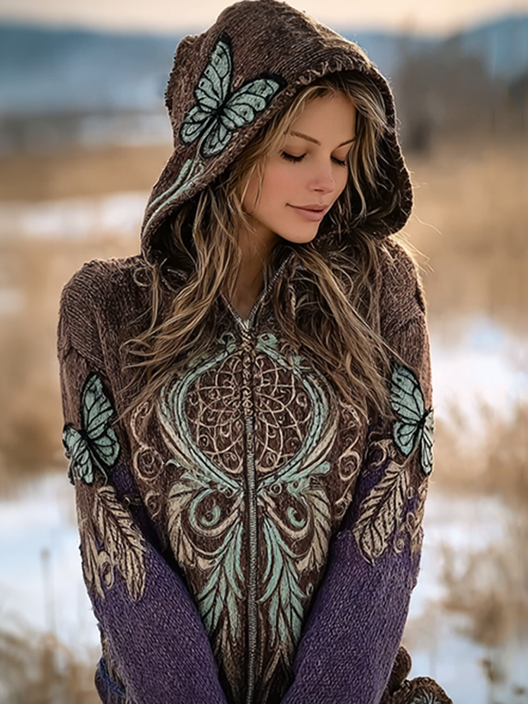 Bohemian Style Dream Catcher Pattern Design Women's Hooded Sweater Coat