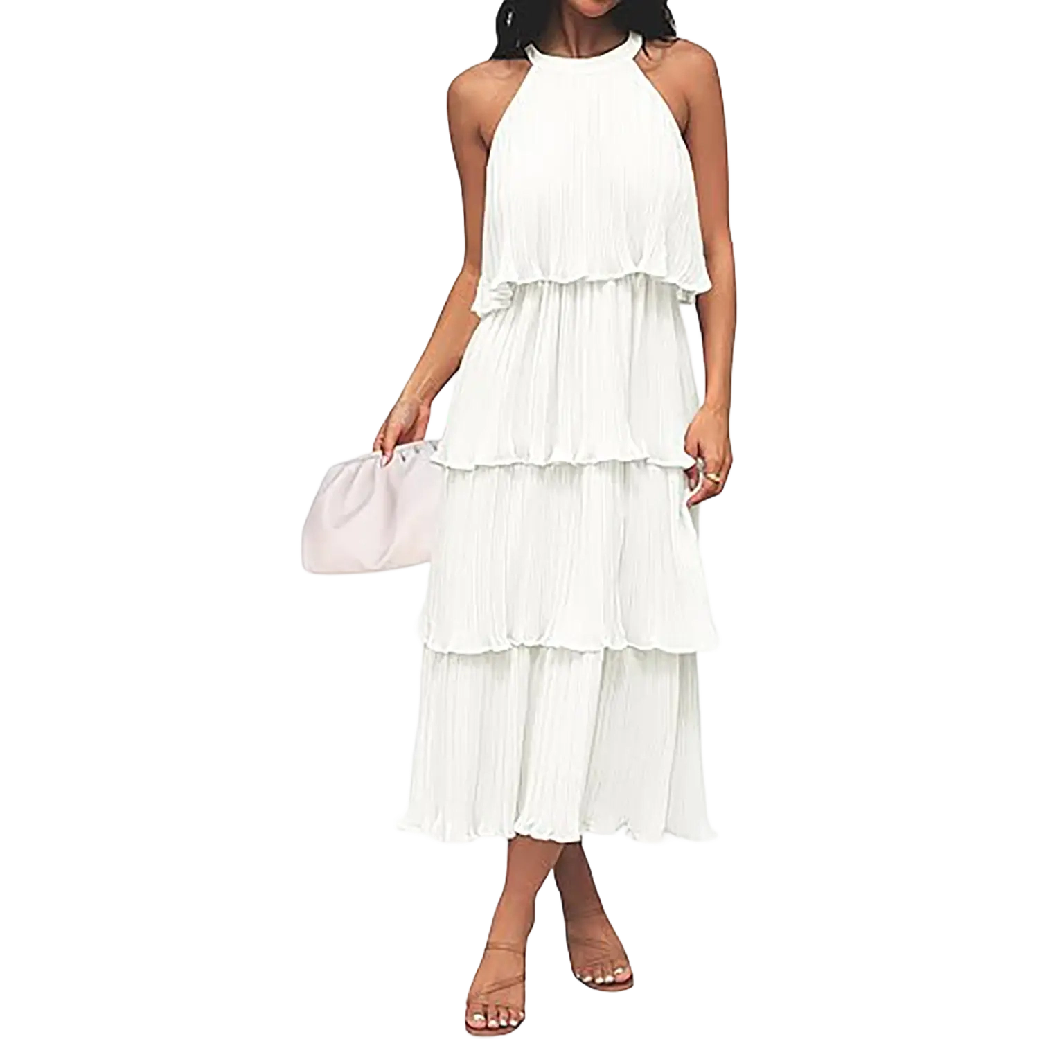 ✨Women's 2026 Summer Sleeveless Halter Neck Ruffle Tiered Layed Chiffon Flowy Swing Long Midi Dress