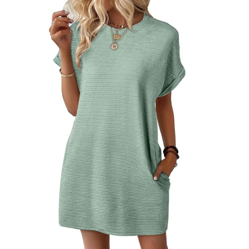 Women’s Casual Mini Dress – Lightweight Stretchy Short Sleeve Crewneck Dress for Summer & Beach Outfits