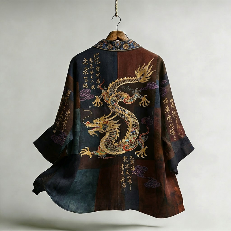 Men's Vintage Japanese Calligraphy Dragon Art Pattern Linen Blend Kimono