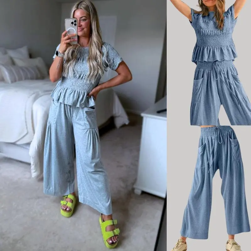 ✨Women’s 2-Piece Smocked Top & Wide-Leg Pants Casual Boho Matching Set🔥