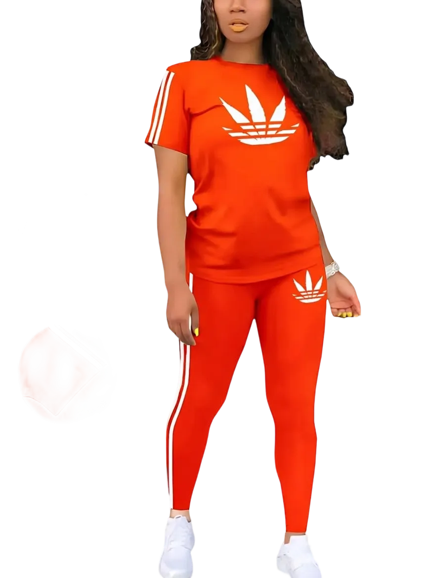 Women's Printed Casual Sporty Round Neck Drawstring Short Sleeve and Long Pants Two-Piece Set