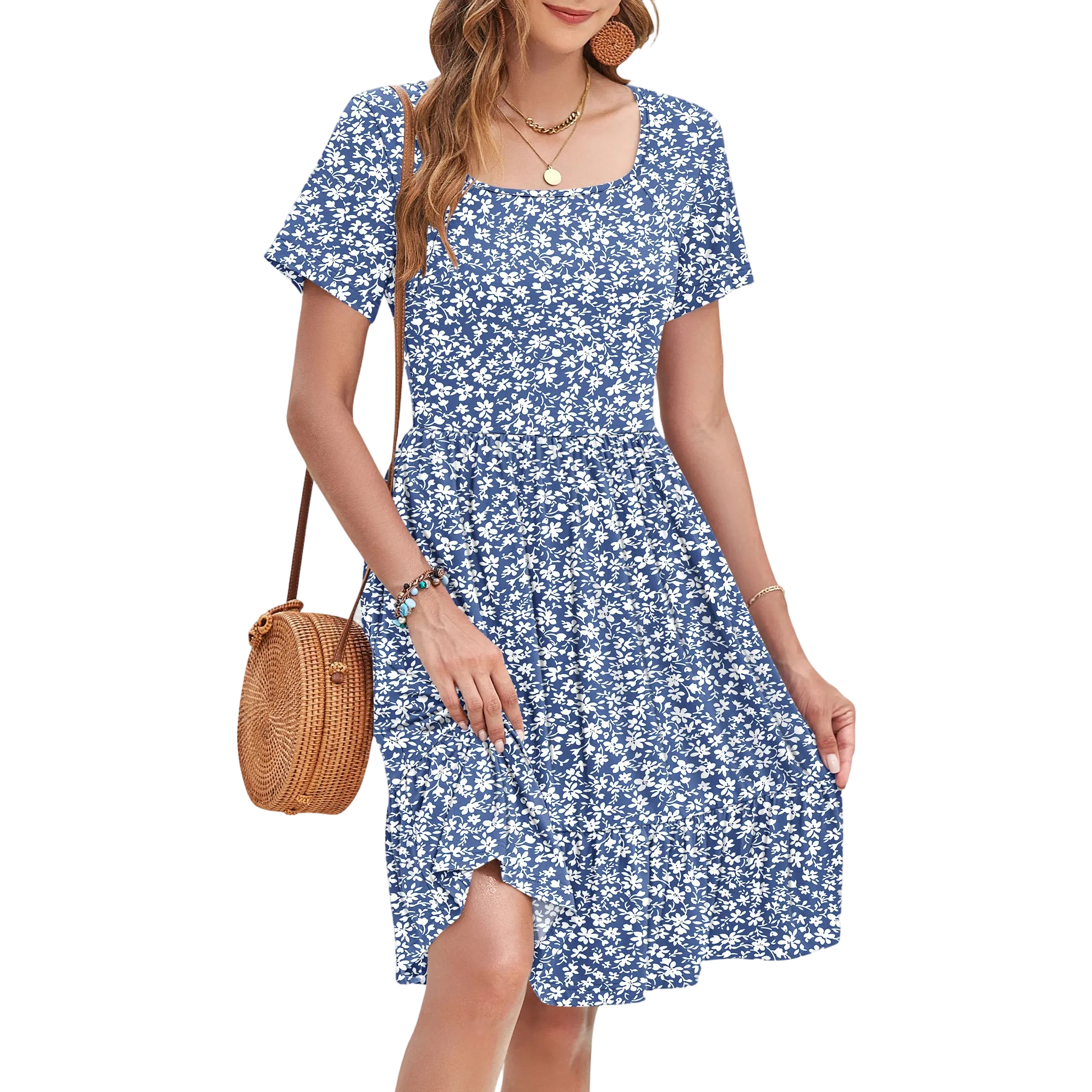 Womens Square Neck Casual Short Sleeve Dress 2026