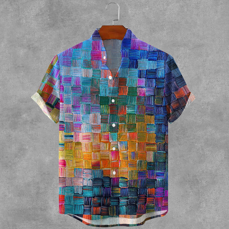 Men's Retro Colored Oil Painting Plaid Art Print Cotton And Linen Shirt