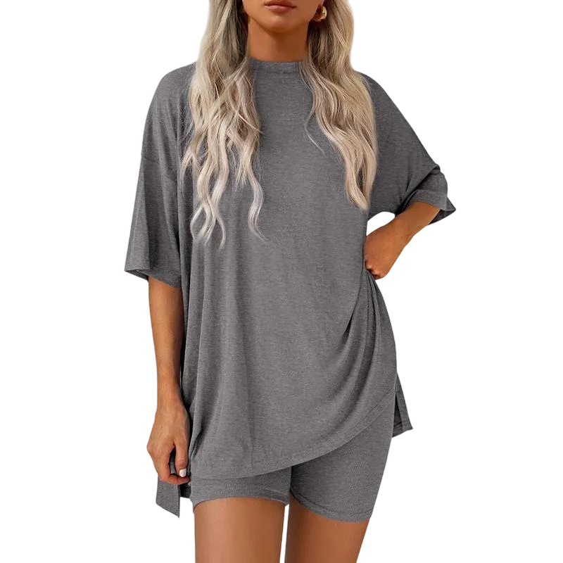 Women's Casual Oversized Crewneck Split Hem Shirts & Side Pocket Shorts Set