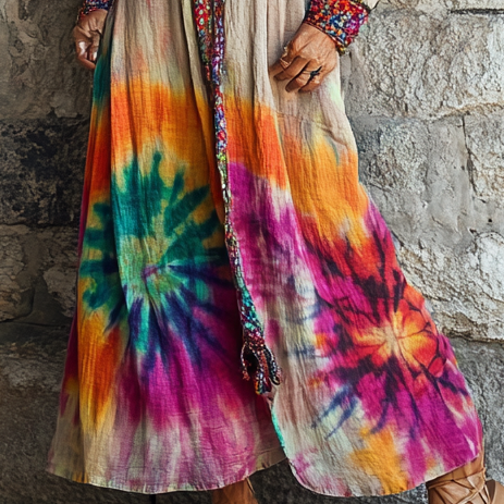 Vintage Loose Linen Patchwork Dress 8a11