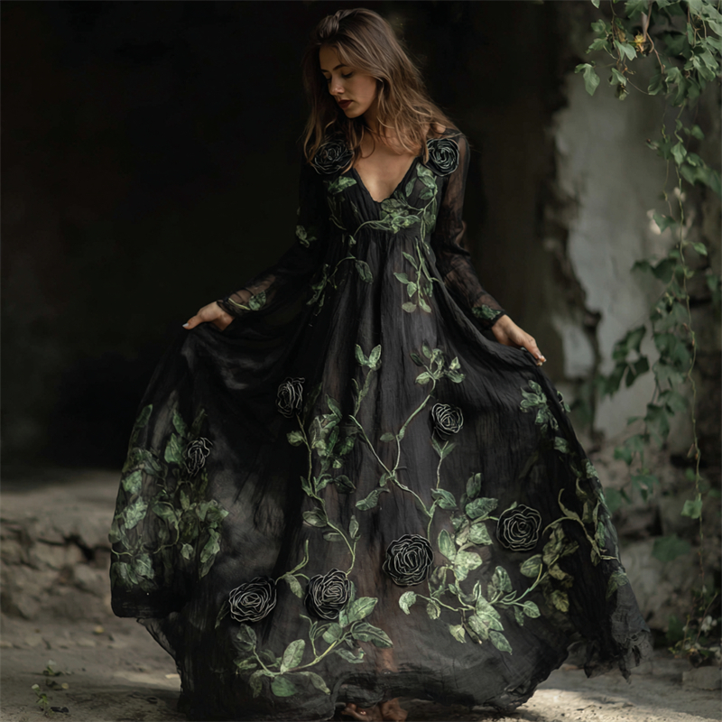 Vintage Gothic Black Roses Vines Fiber Art Flowy Maxi Dress