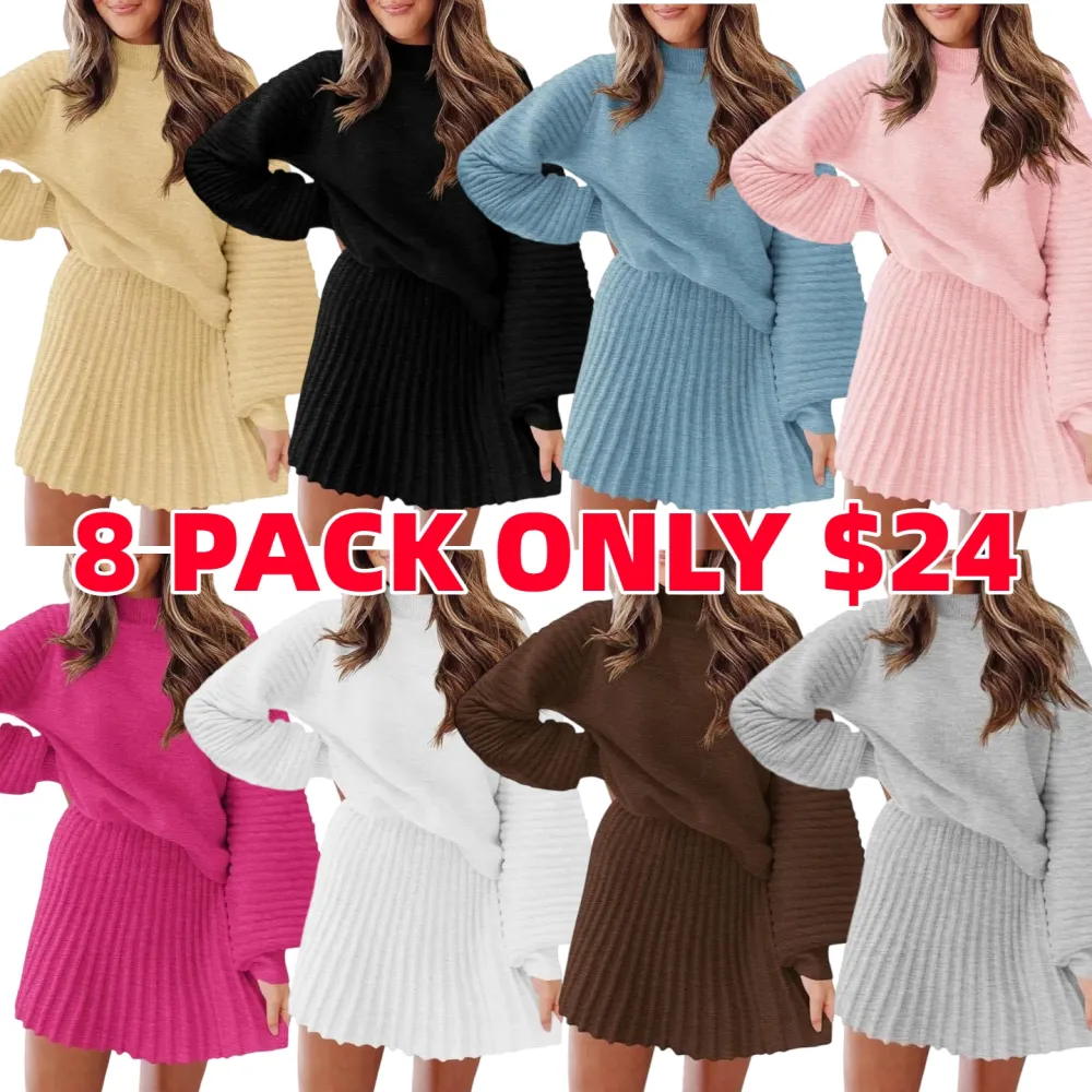 Women's 2 Piece Outfits 2025 Long Sleeve Mock Neck Ribbed Sweaters And Mini Skirt Two Piece Sets