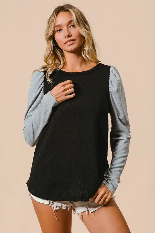 Cable Sweater Knit Top with Contrast Puff Sleeve