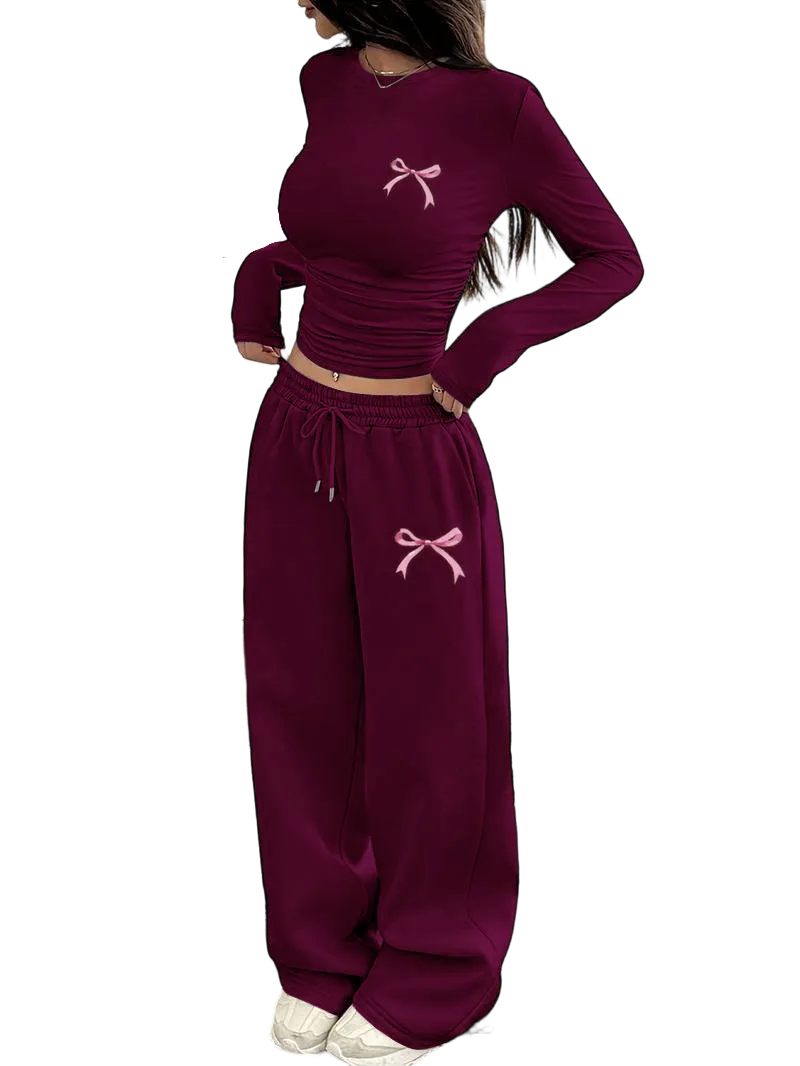 Two-Piece Set Women's Bowknot Print Regular Fit Round Neck T-shirt And Pants