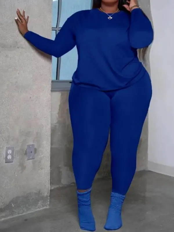 Plus Size 2-Piece Set – Long Sleeve Top & Skinny Pants, Cozy Fall Outfit