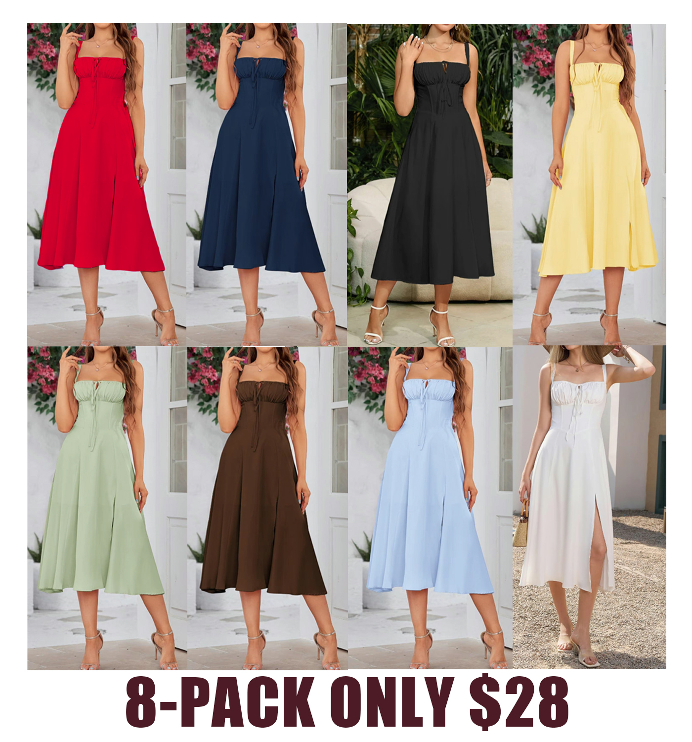 Plus Size Women's Elegant Lace Up Midi Dress – Square Neck, Tie Front