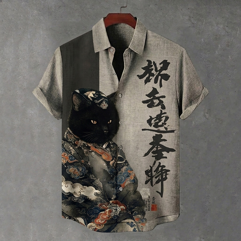 Men's Japanese-style Cat Calligraphy Art Print Linen Short-sleeved Shirt