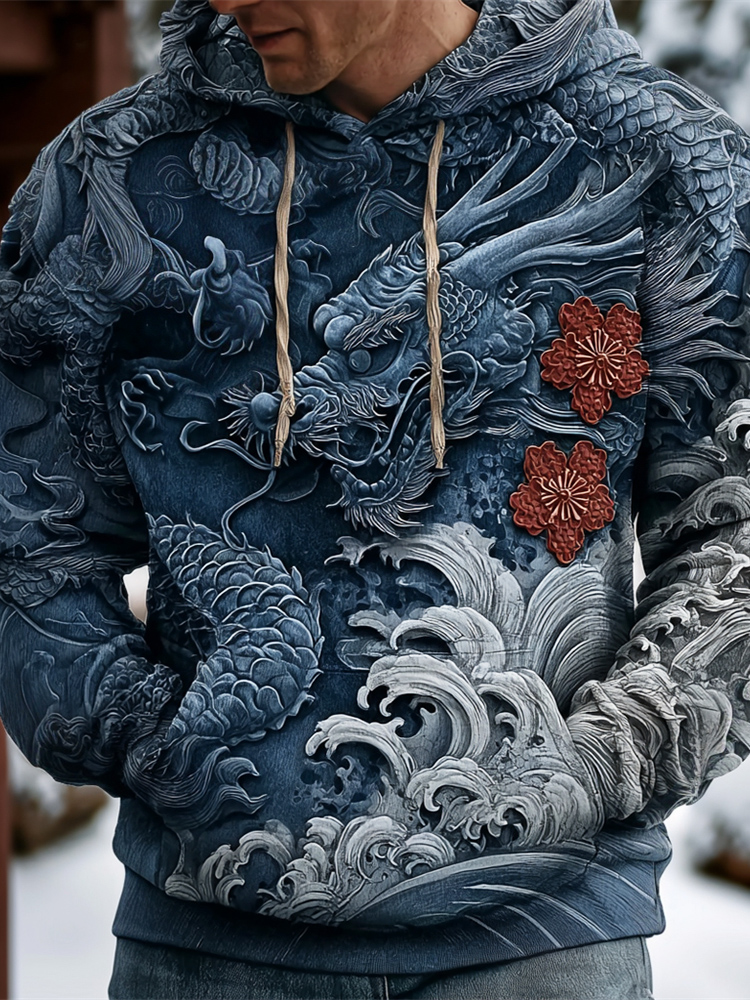 Japanese Dragon & Ocean Art Men's Hooded Sweatshirt