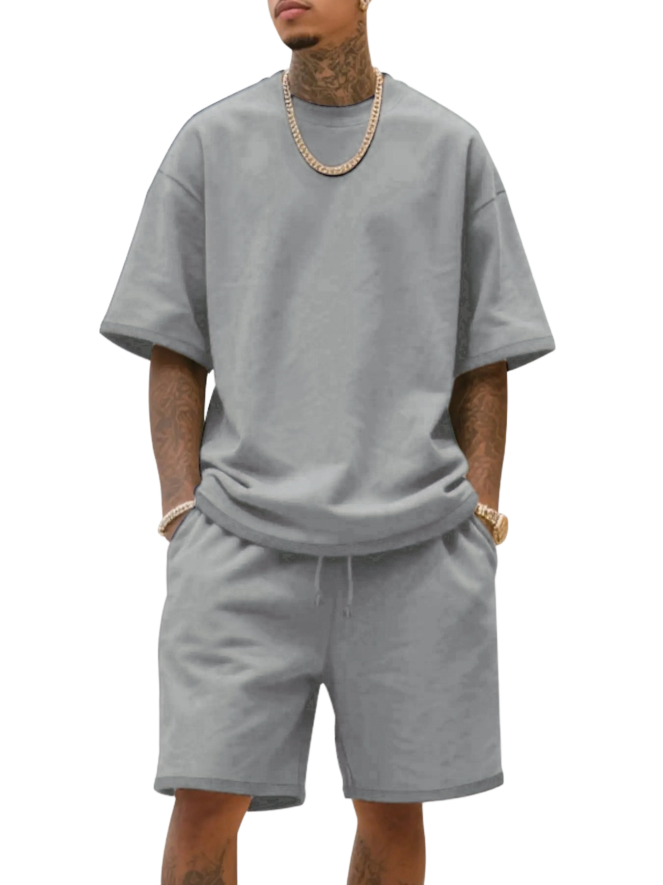 Men's Summer Casual Set, Pure Color Round Neck Short Sleeve Knit Tee & Shorts, Classic Loose Fit Sportswear