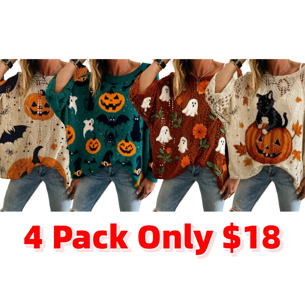 Women's Halloween Pumpkin Print Long Sleeve Knit Top