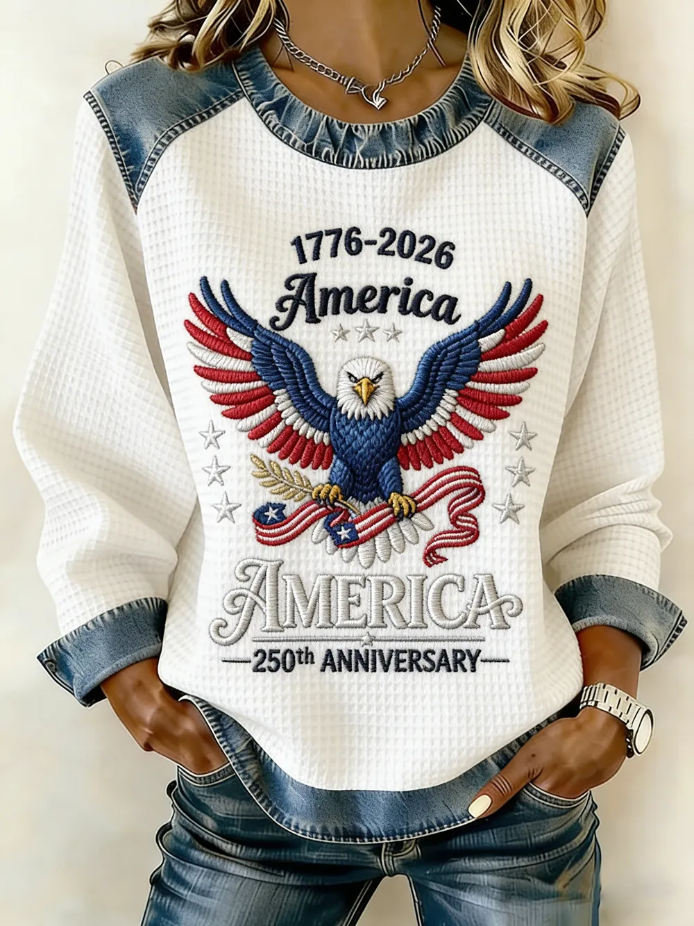 America 250th Anniversary Eagle Embroidered Waffle Knit Top