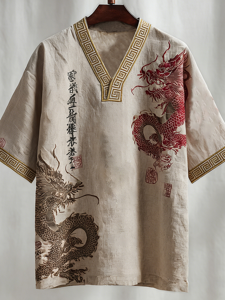 Men's Calligraphy With Dragon Art Print Short Sleeve Shirt