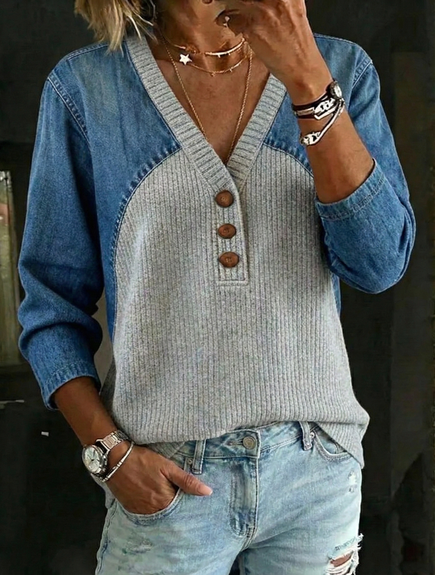Women's Retro Casual Denim And Cotton Knit Sweater