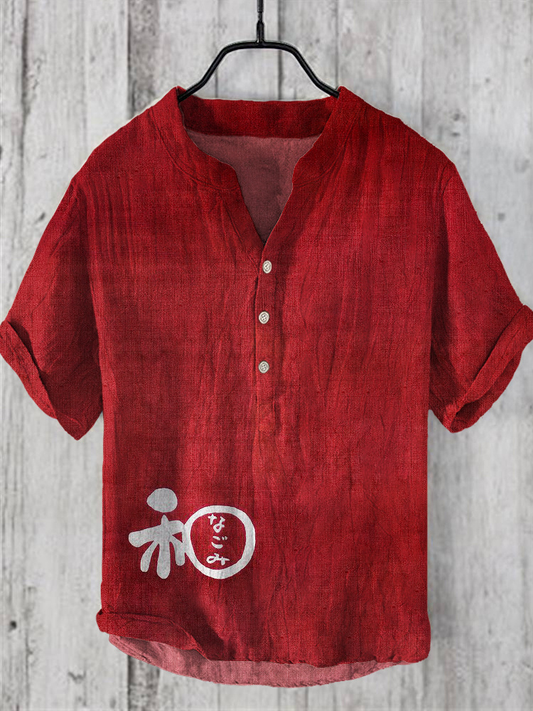 Japanese Word Art Linen V-Neck Shirt