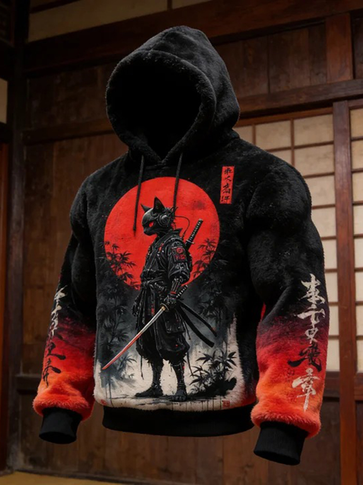 Men's Futuristic Sci-fi Art Mechanical Cat Warrior Japanese Print Casual Flannel Hoodie