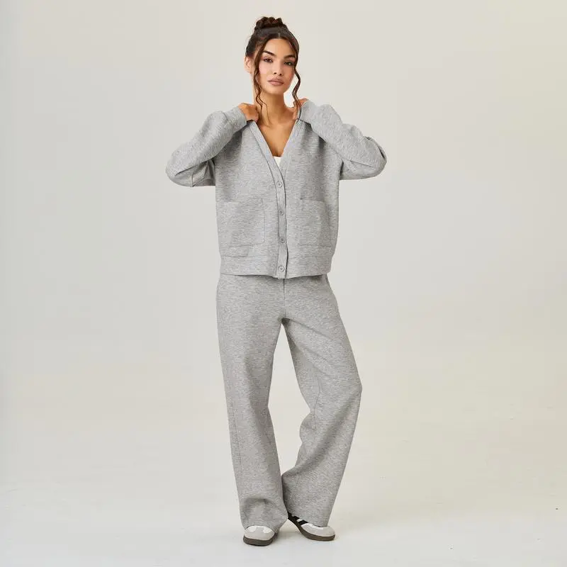 Women's Slouchy Solid Color V Neck Long Sleeve Button Cardigan & Drawstring Waist Trousers Co-ord