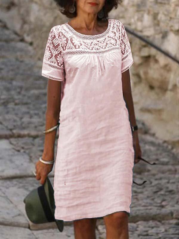 Women Round neck short sleeve embroidered hollow cotton and linen dress