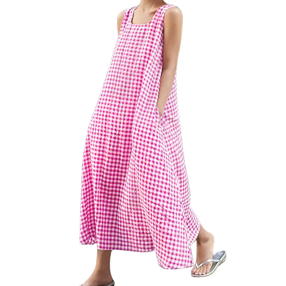 Women's Plaid Cotton Sleeveless Maxi Dress