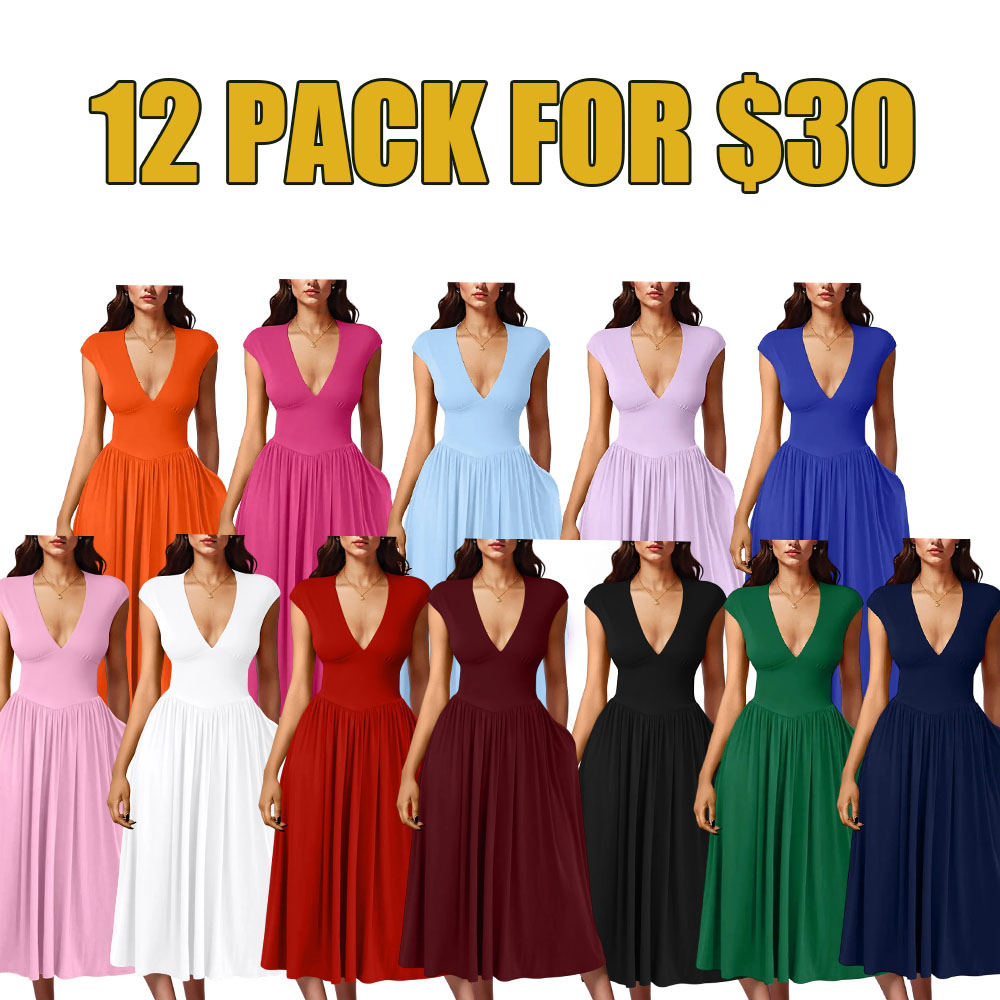Women's Summer Deep V-Neck Cap Sleeve Pleated A‑Line Midi Dress with Pockets
