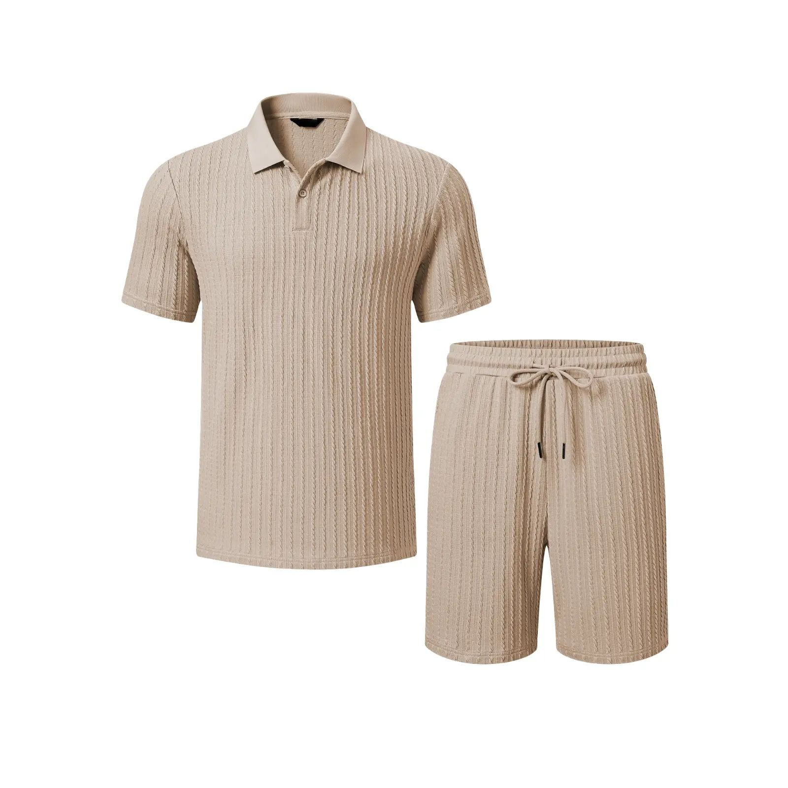 Men 2 Piece Jacquard Knit Lounge Sets Short Sleeve Polo Shirt and Shorts Sets Summer Outfits with Pockets