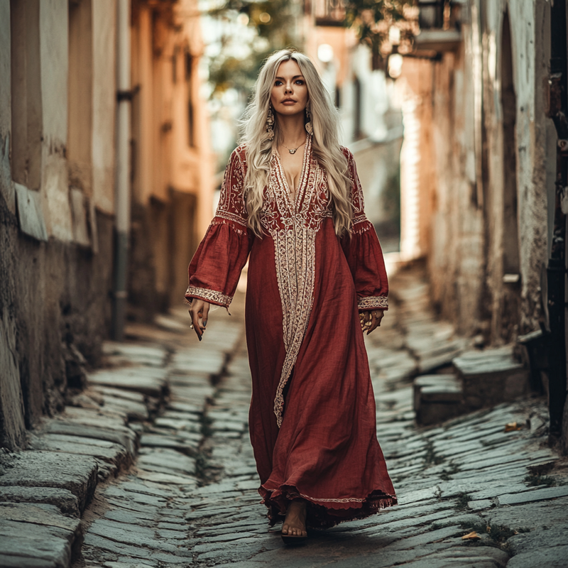 Ethnic Embroidery Vintage Casual Linen Dress e213