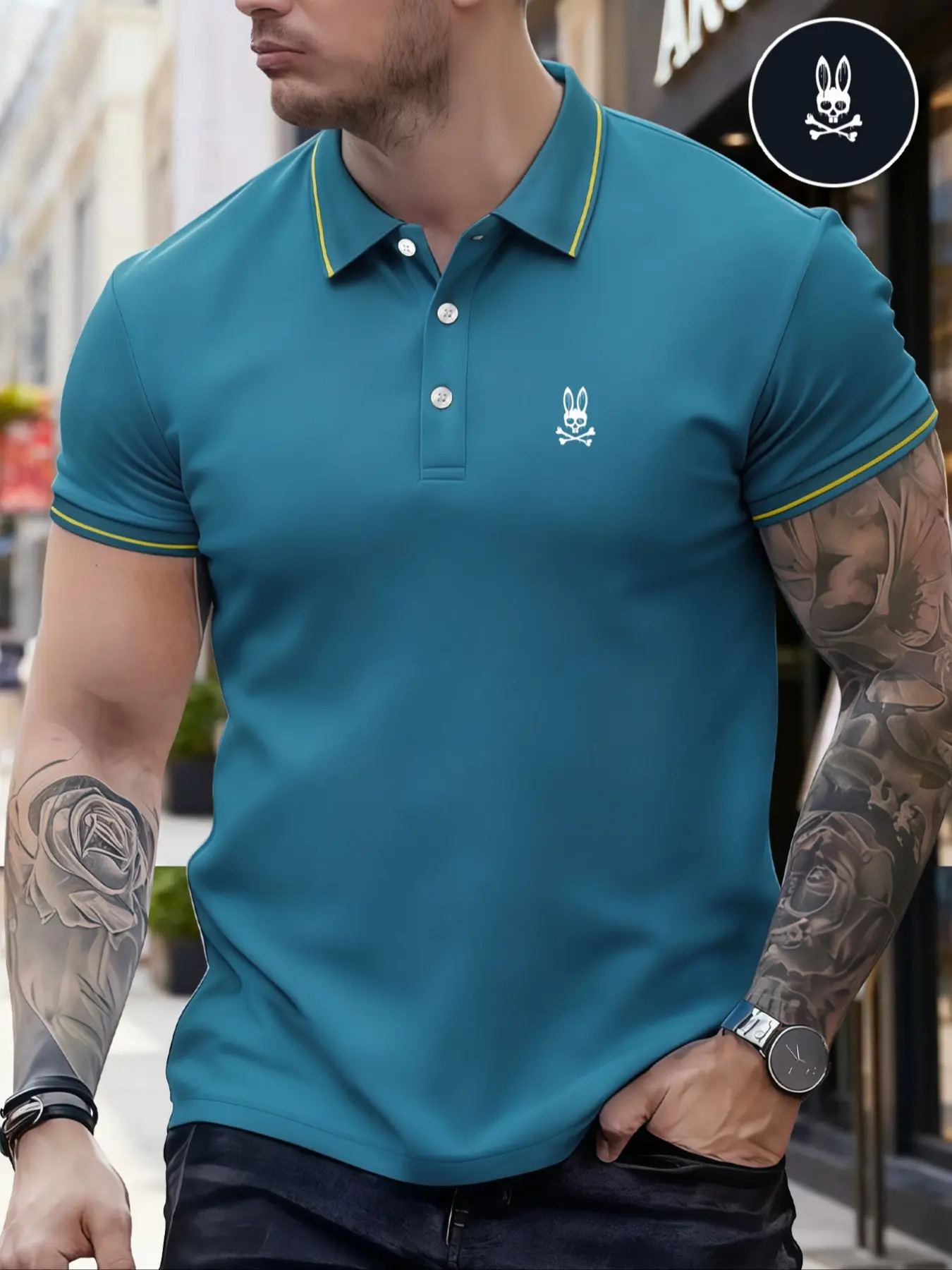 Men's Regular Fit Letter Print Skull Rabbit Contrast Trim Polo Shirt, Casual Short Sleeve Half Zip Top for Summer