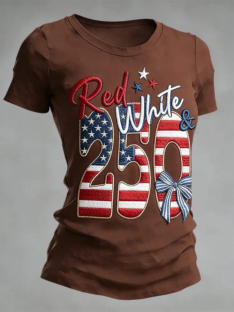 Red and White 250 Patriotic Embroidery Anniversary Commemorative T-shirt