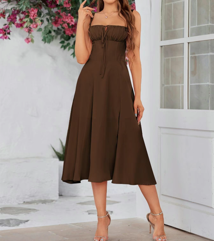 Plus Size Women's Elegant Lace Up Midi Dress – Square Neck, Tie Front