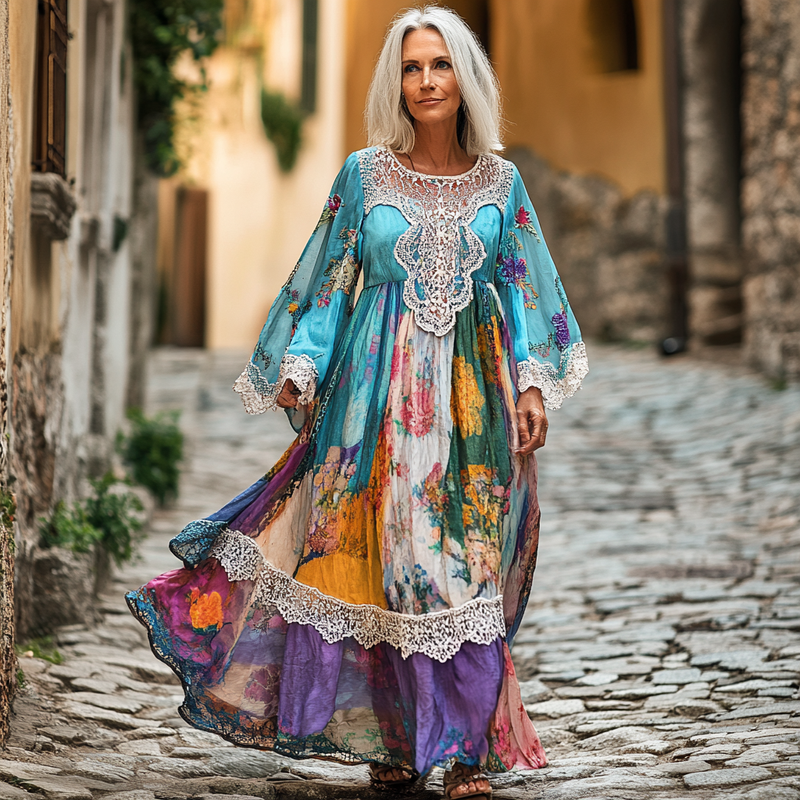 Vintage Loose Linen Patchwork Dress 97b4