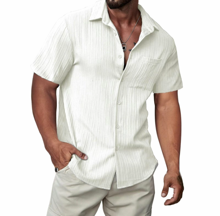 Men's Casual Short-Sleeve Hawaiian Shirt - Textured Button-Down Beach Shirt with Pocket for Summer
