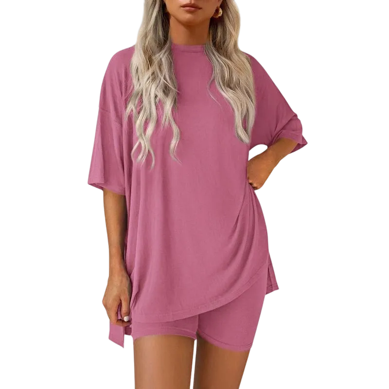 Women's Casual Oversized Crewneck Split Hem Shirts & Side Pocket Shorts Set